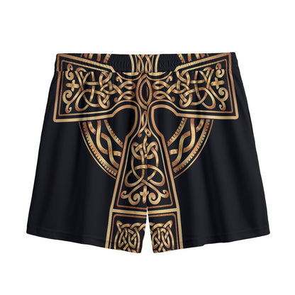 Gold Celtic Knot Cross Print Mesh Shorts