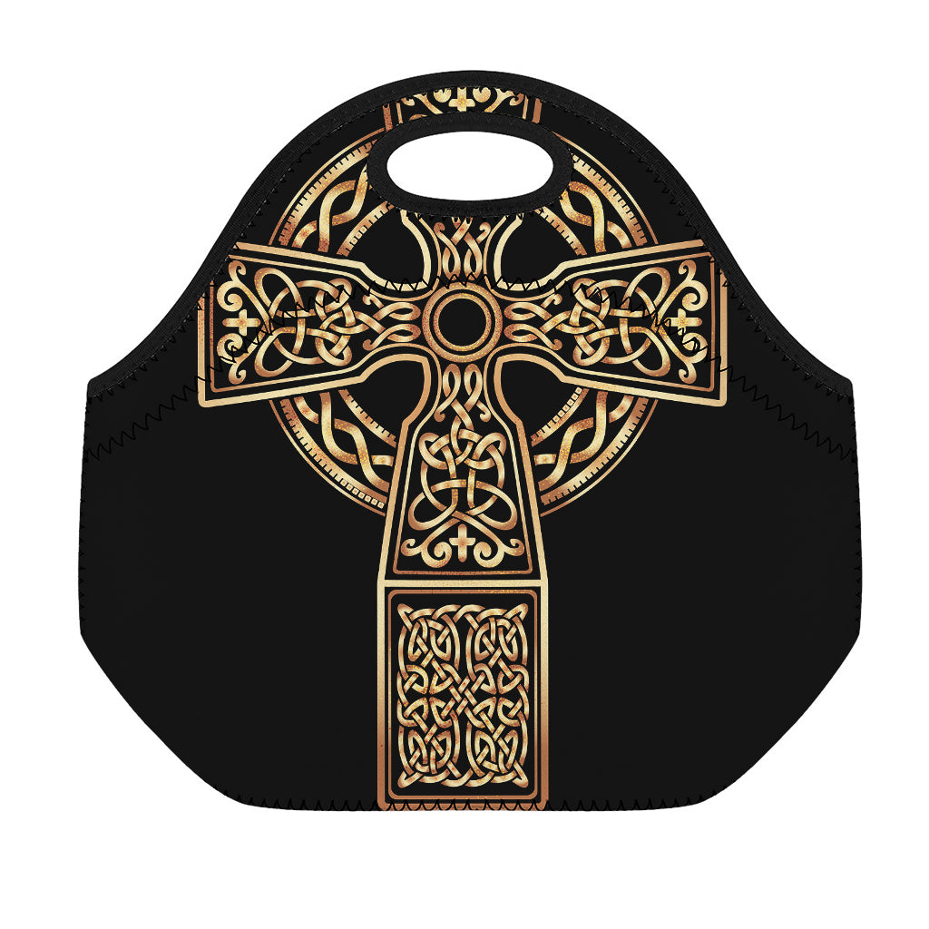Gold Celtic Knot Cross Print Neoprene Lunch Bag