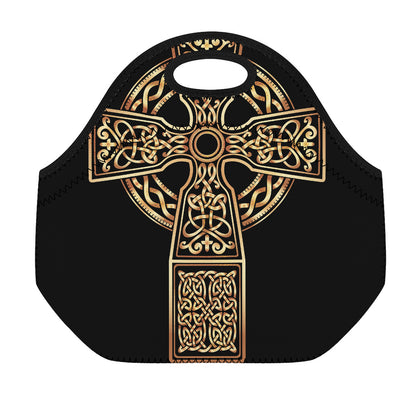 Gold Celtic Knot Cross Print Neoprene Lunch Bag