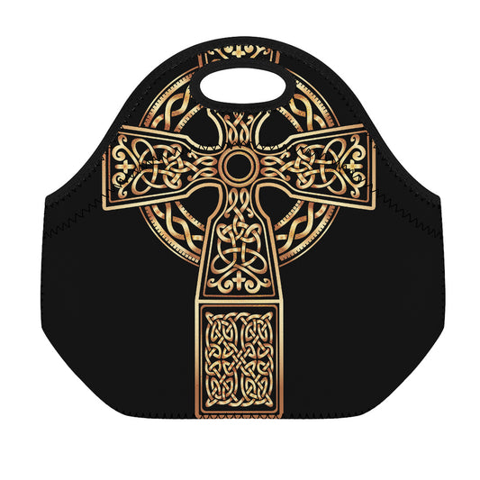 Gold Celtic Knot Cross Print Neoprene Lunch Bag