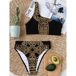 Gold Celtic Knot Cross Print One Shoulder Bikini Top