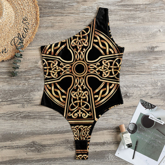 Gold Celtic Knot Cross Print One Shoulder Bodysuit