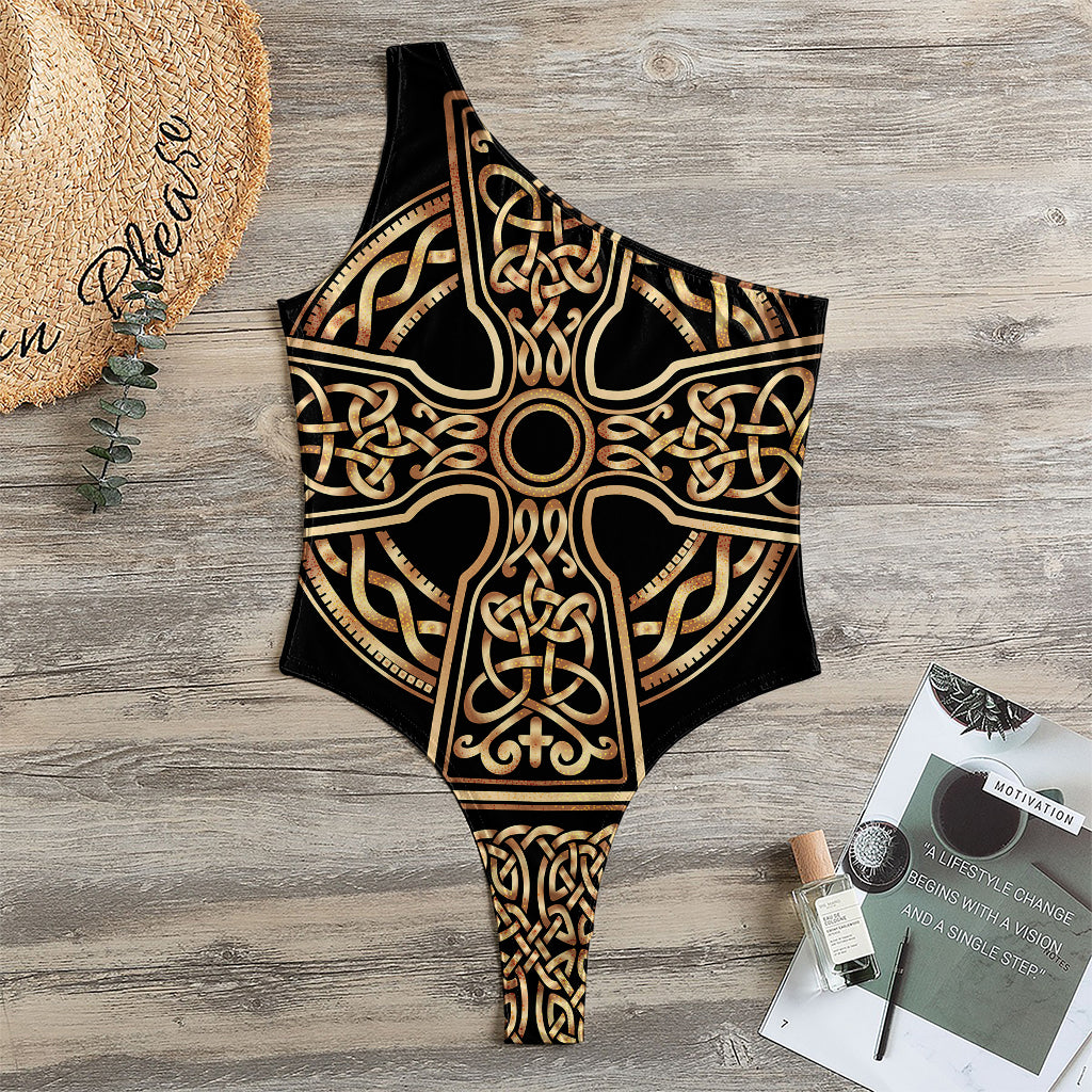 Gold Celtic Knot Cross Print One Shoulder Bodysuit