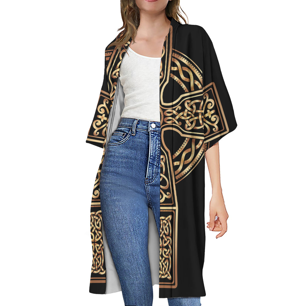 Gold Celtic Knot Cross Print Open Front Beach Cover Up