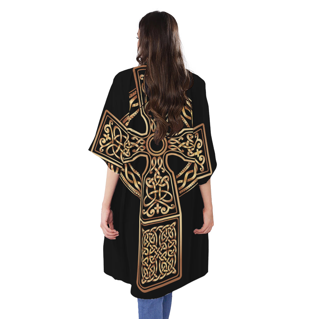 Gold Celtic Knot Cross Print Open Front Beach Cover Up