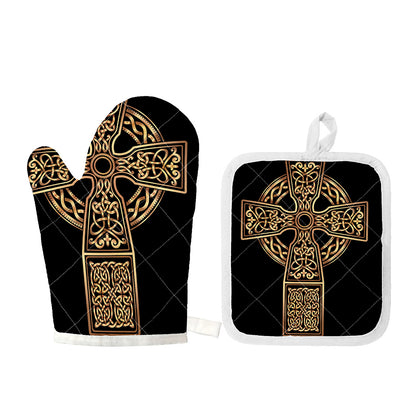 Gold Celtic Knot Cross Print Oven Mitt And Pot Holder Set
