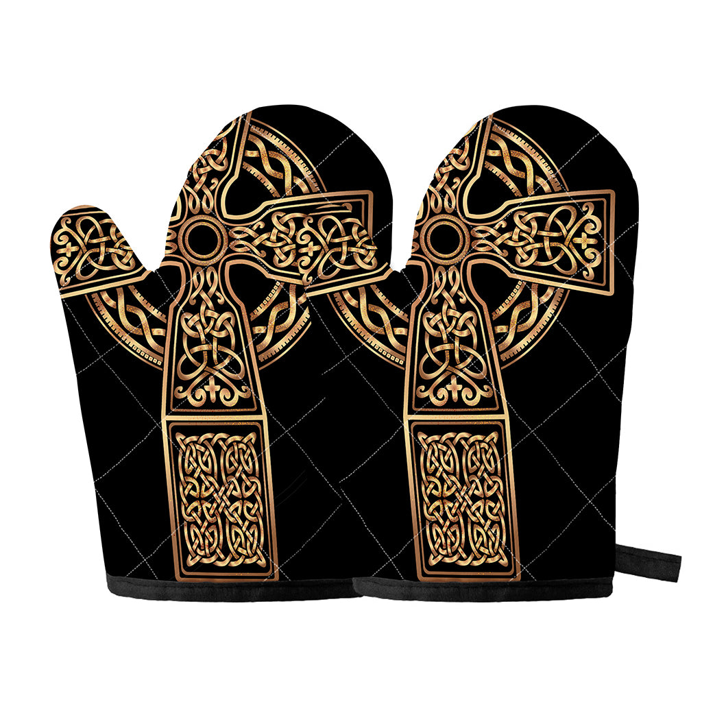Gold Celtic Knot Cross Print Oven Mitts