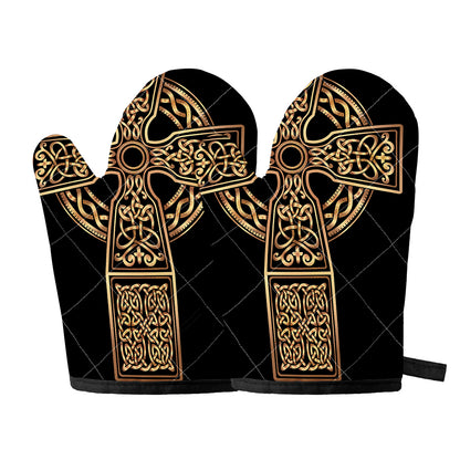 Gold Celtic Knot Cross Print Oven Mitts