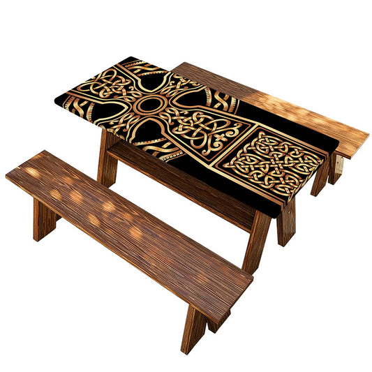 Gold Celtic Knot Cross Print Picnic Table Cover