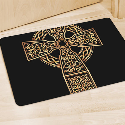 Gold Celtic Knot Cross Print Polyester Doormat