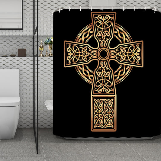 Gold Celtic Knot Cross Print Polyester Shower Curtain