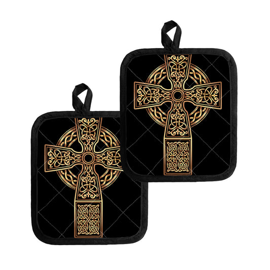 Gold Celtic Knot Cross Print Pot Holders