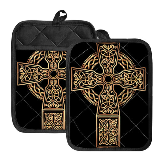 Gold Celtic Knot Cross Print Pot Holders With Pocket