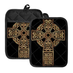 Gold Celtic Knot Cross Print Pot Holders With Pocket