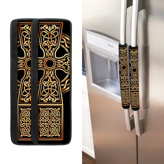 Gold Celtic Knot Cross Print Refrigerator Handle Covers