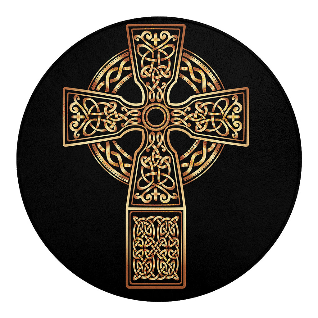 Gold Celtic Knot Cross Print Round Blanket