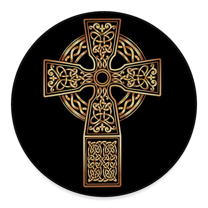 Gold Celtic Knot Cross Print Round Floor Mat