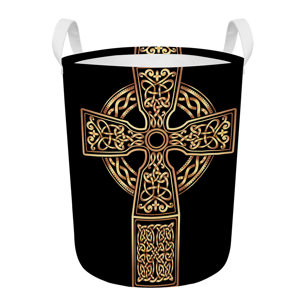 Gold Celtic Knot Cross Print Round Laundry Basket
