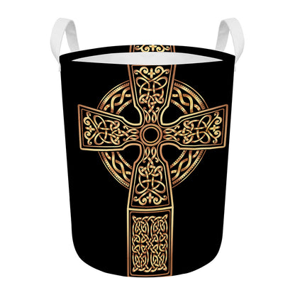 Gold Celtic Knot Cross Print Round Laundry Basket