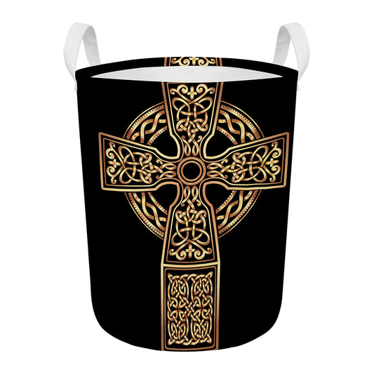 Gold Celtic Knot Cross Print Round Laundry Basket
