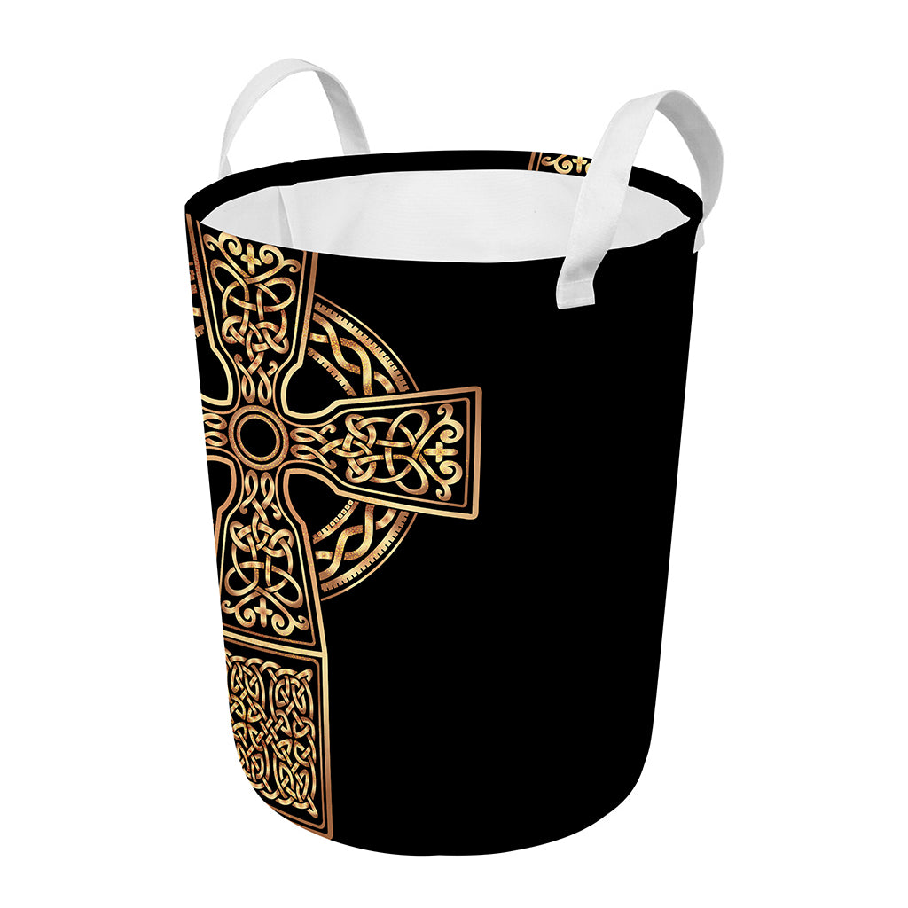 Gold Celtic Knot Cross Print Round Laundry Basket