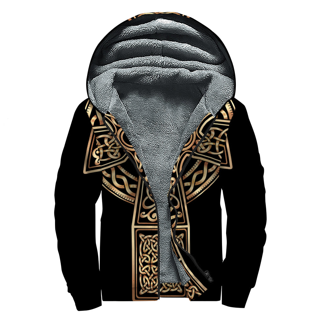 Gold Celtic Knot Cross Print Sherpa Lined Zip Up Hoodie