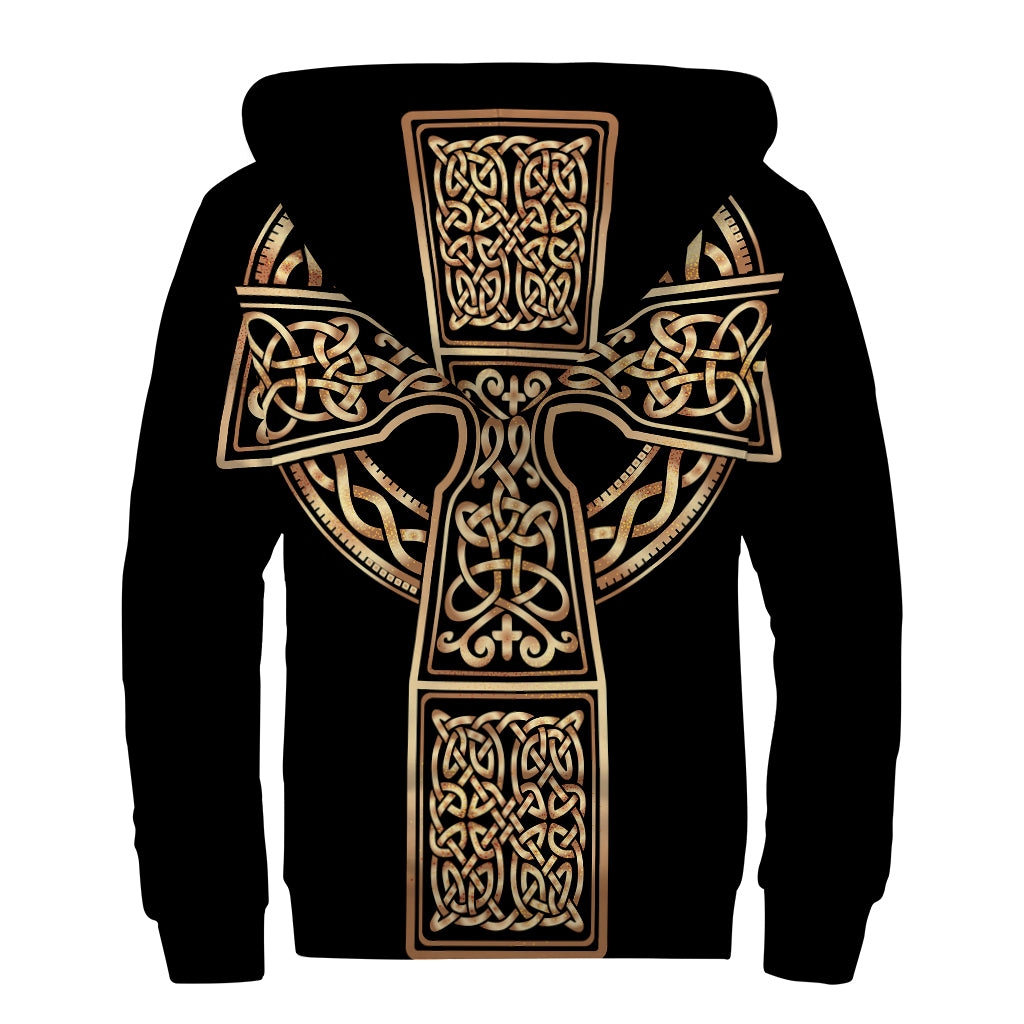 Gold Celtic Knot Cross Print Sherpa Lined Zip Up Hoodie