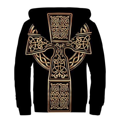 Gold Celtic Knot Cross Print Sherpa Lined Zip Up Hoodie