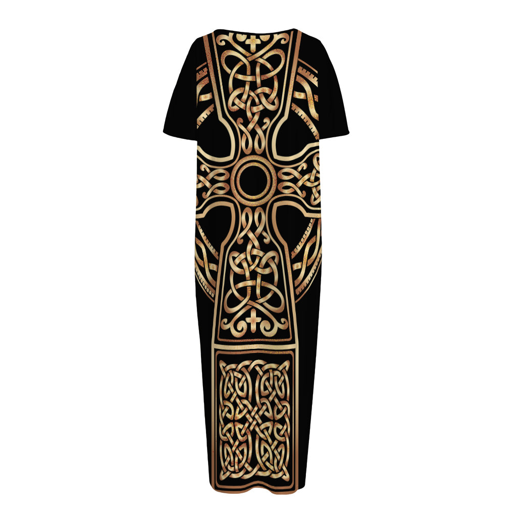 Gold Celtic Knot Cross Print Short Sleeve Long Nightdress