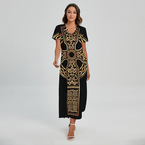 Gold Celtic Knot Cross Print Short Sleeve Maxi Dress