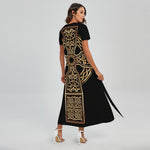 Gold Celtic Knot Cross Print Short Sleeve Maxi Dress