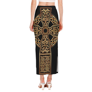 Gold Celtic Knot Cross Print Side Slit Maxi Skirt