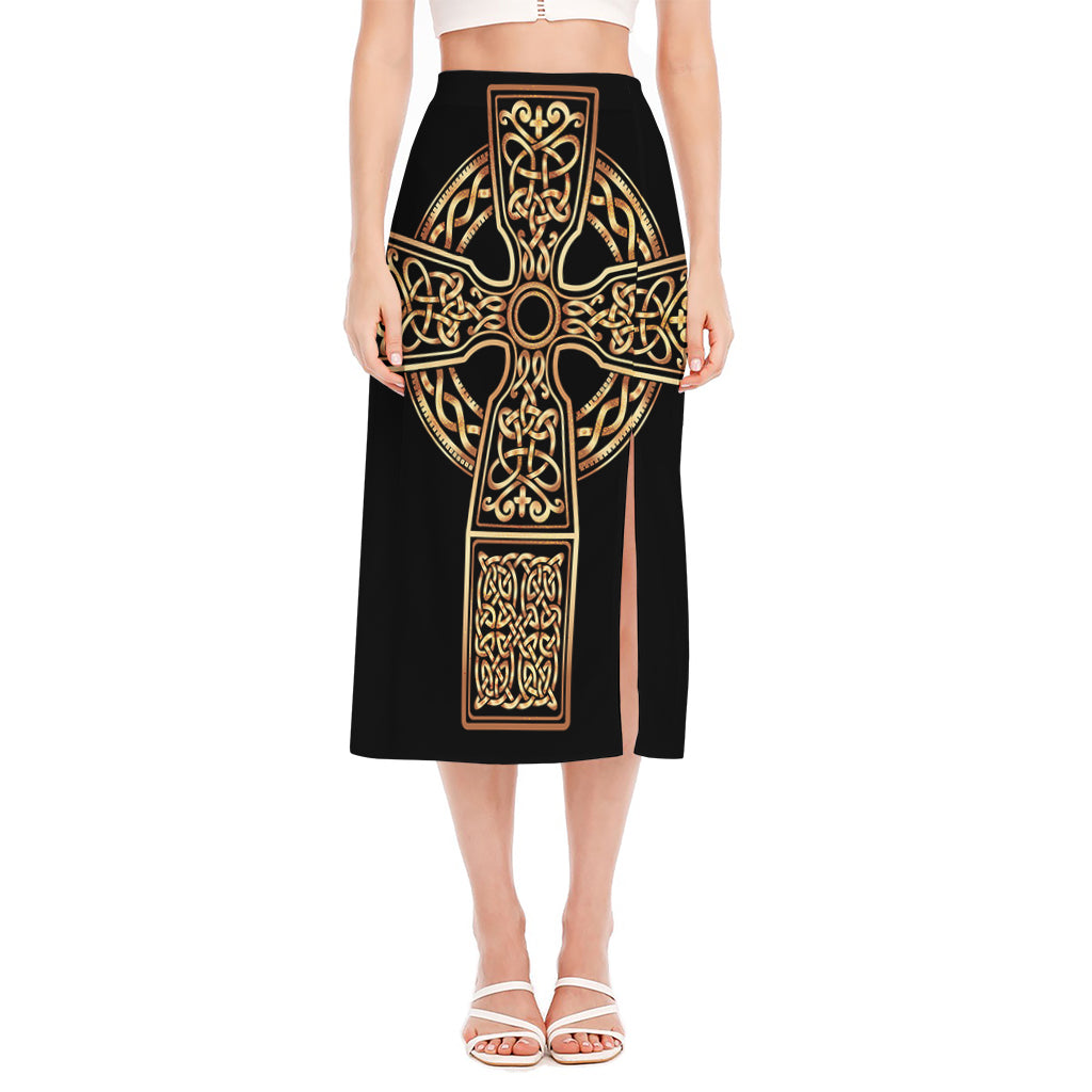 Gold Celtic Knot Cross Print Side Slit Midi Skirt