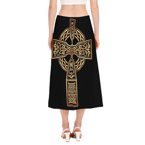 Gold Celtic Knot Cross Print Side Slit Midi Skirt