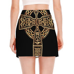 Gold Celtic Knot Cross Print Side Slit Mini Skirt