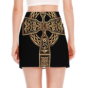 Gold Celtic Knot Cross Print Side Slit Mini Skirt