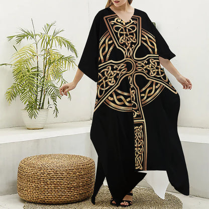 Gold Celtic Knot Cross Print Silk V-Neck Kaftan Dress