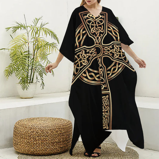 Gold Celtic Knot Cross Print Silk V-Neck Kaftan Dress