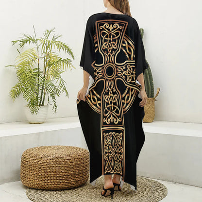 Gold Celtic Knot Cross Print Silk V-Neck Kaftan Dress
