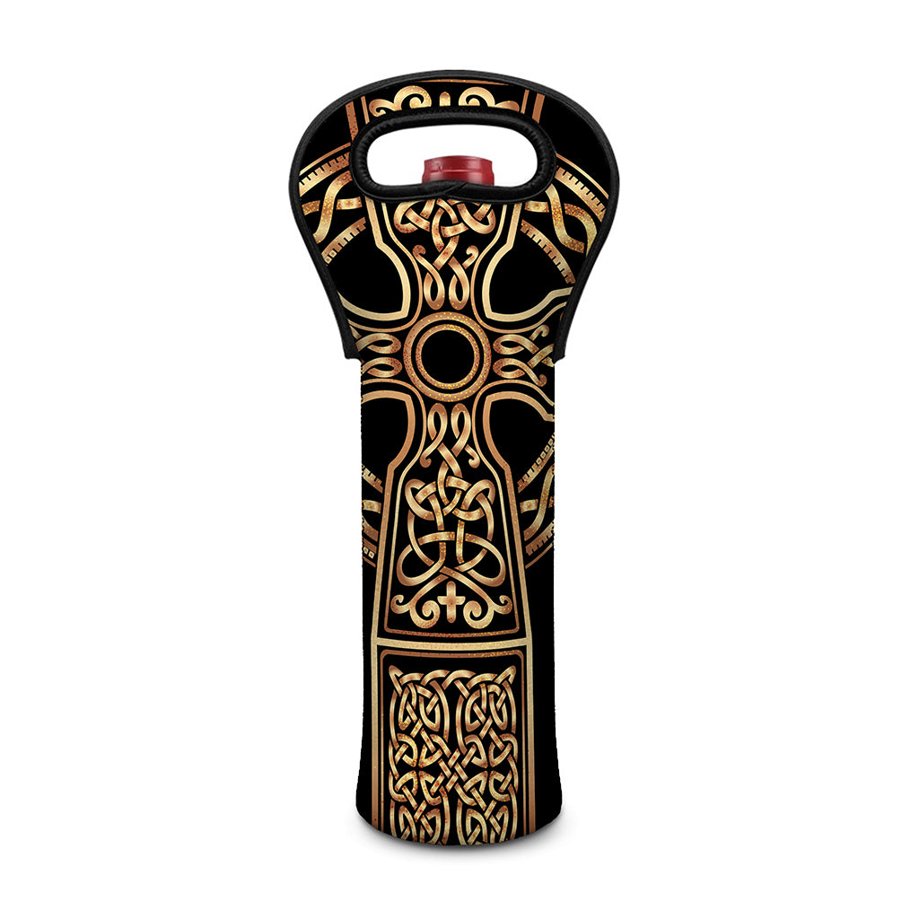 Gold Celtic Knot Cross Print Single Neoprene Wine Tote