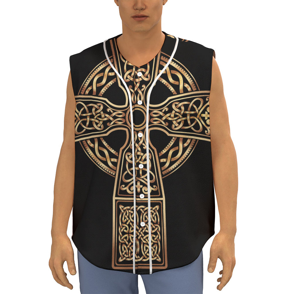 Gold Celtic Knot Cross Print Sleeveless Baseball Jersey