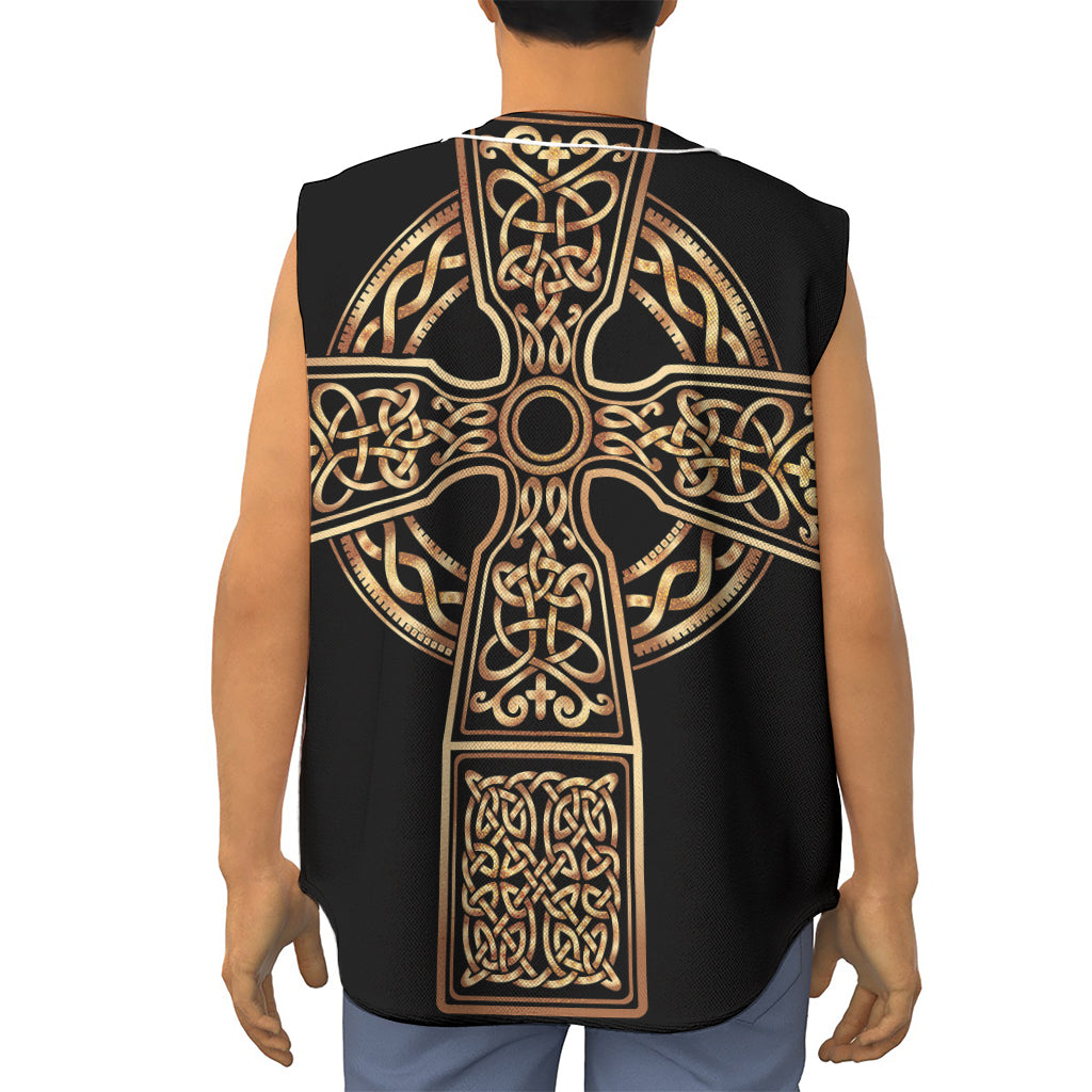 Gold Celtic Knot Cross Print Sleeveless Baseball Jersey