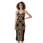 Gold Celtic Knot Cross Print Slim Fit Midi Cami Dress