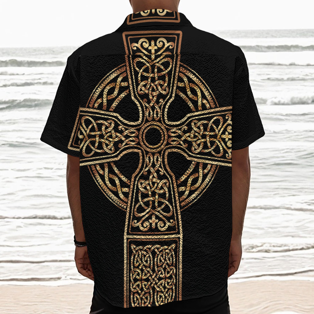 Gold Celtic Knot Cross Print Textured Short Sleeve Shirt