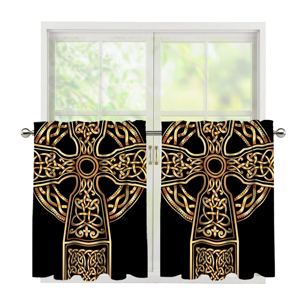 Gold Celtic Knot Cross Print Tier Curtains