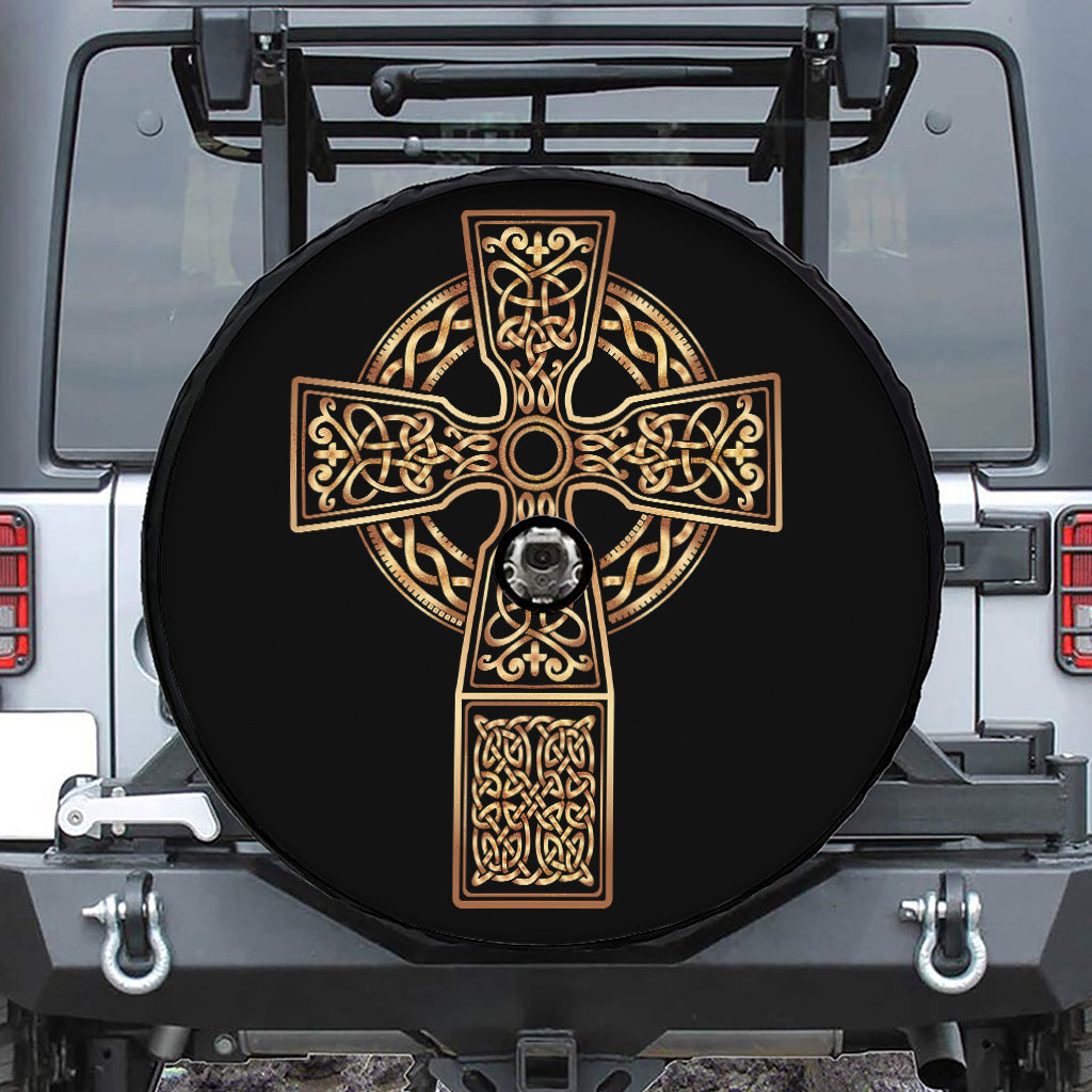 Gold Celtic Knot Cross Print Tire Cover With Camera Hole