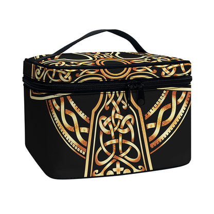 Gold Celtic Knot Cross Print Travel Makeup Bag