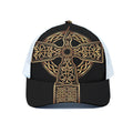 Gold Celtic Knot Cross Print White Mesh Trucker Hat