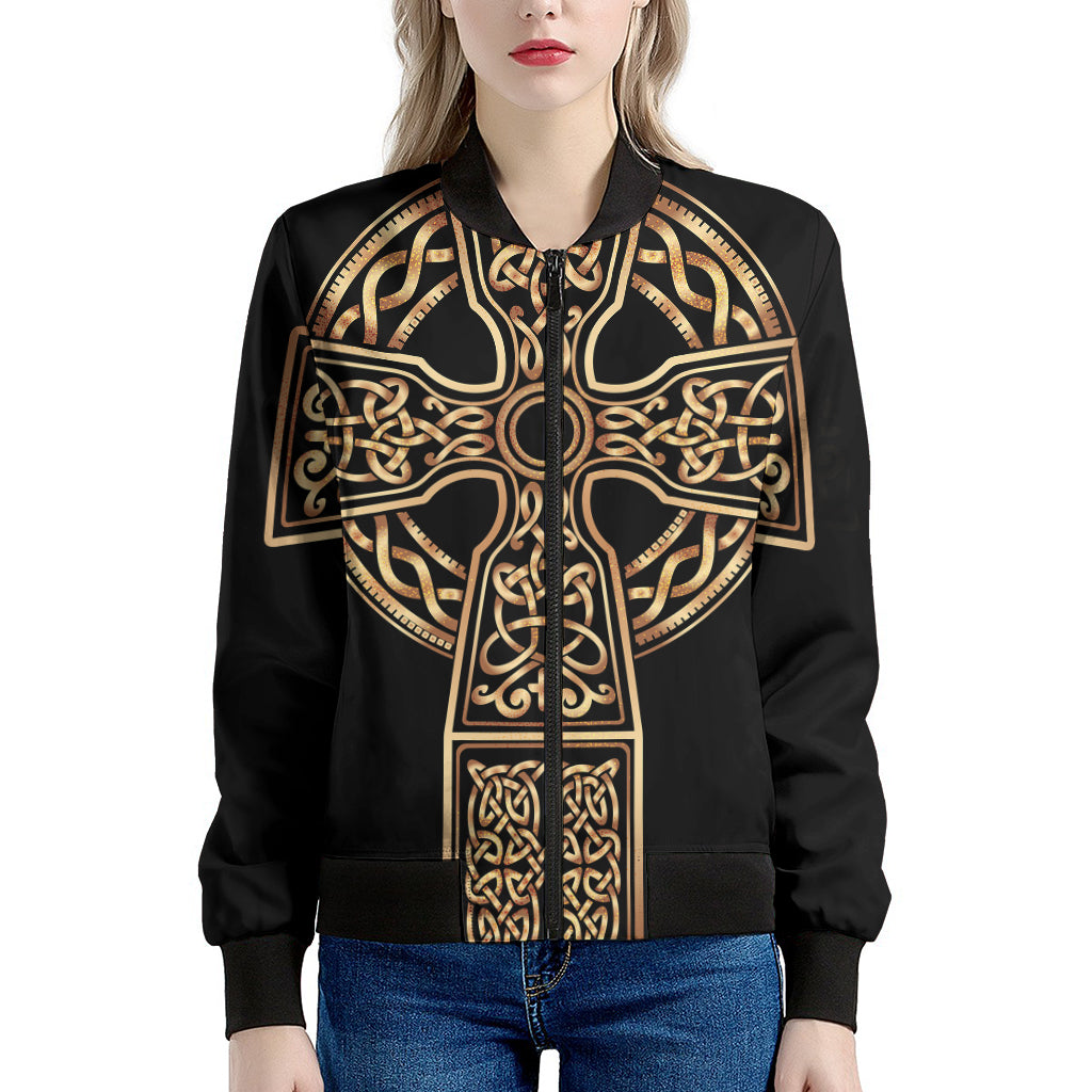 Gold Celtic Knot Cross Print Women's Bomber Jacket