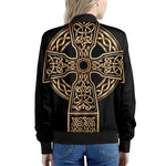 Gold Celtic Knot Cross Print Women's Bomber Jacket